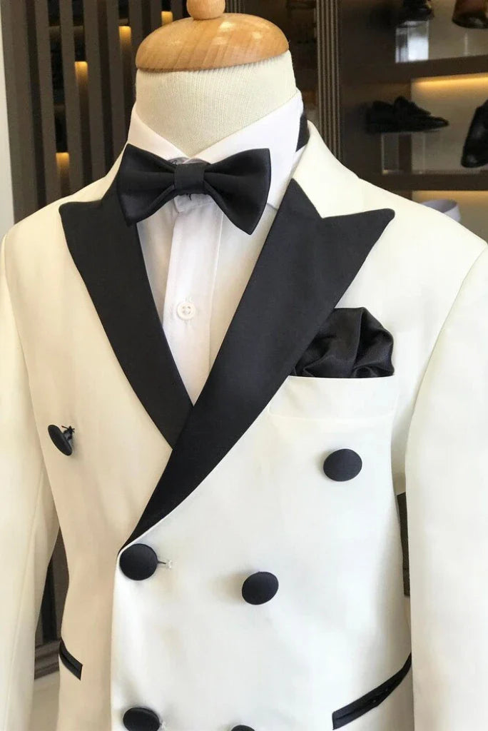 Boys Tuxedo Double Breasted two Piece Suit White With Black Pant Classic Kids Suits