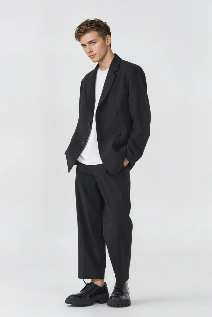 Men Black Loose Fit Casual 2 Piece Suit Relaxed Fit Semi Formal Events Suit Casual Business Attire