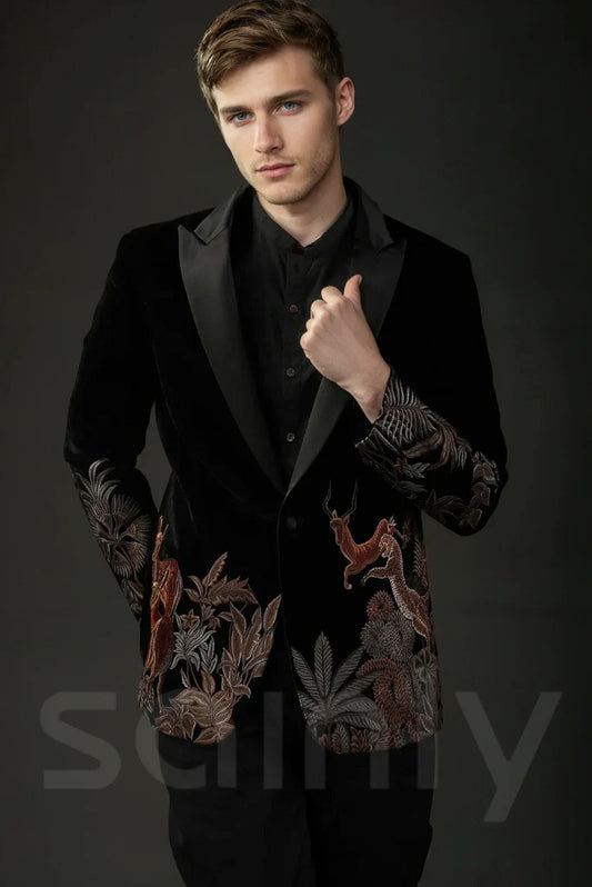 Men Elegant Black Velvet Embroidery Two Piece Suit & Groom Wedding Designer Suit Party Wear Suit Dinner Suit