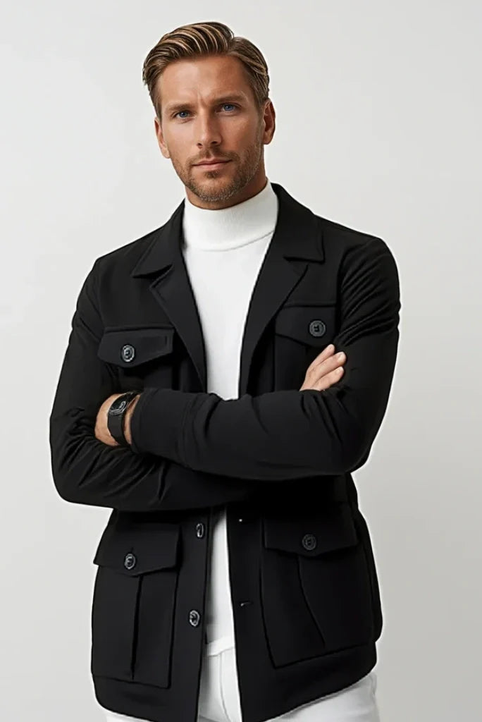 Men Black Woolen Shacket British Safari Jacket Vintage Travel Jacket Designer Cargo Jacket