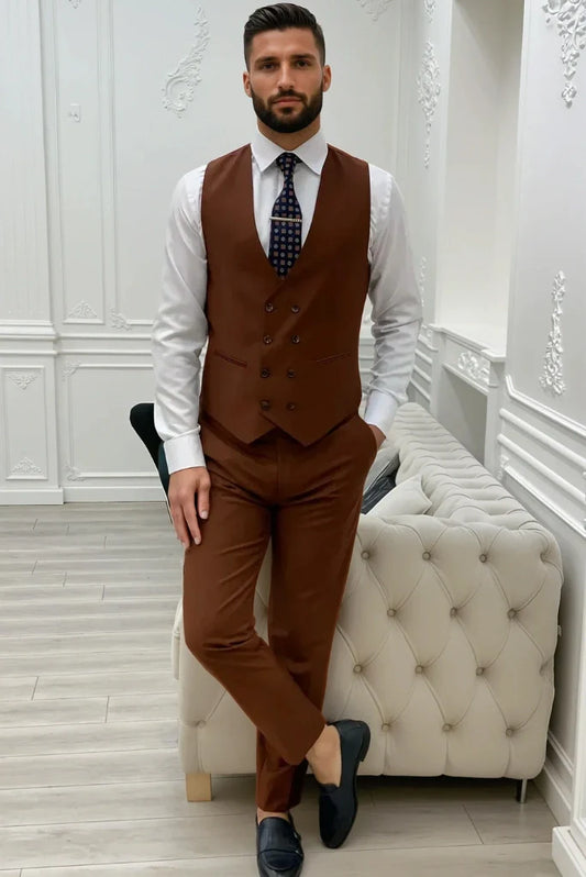 Men Tailored Waistcoat And Pant Suit Formal Wedding Waistcoat Trouser Set & Groomsmen Brown Vestcoat Suit
