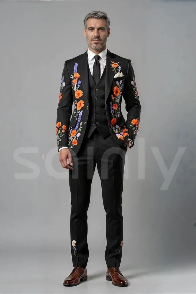 Men Elegant Black Three Piece Custom Made Suit & Stylish Sunrise Embroidery Country Western Prom Party Cocktail Outfit