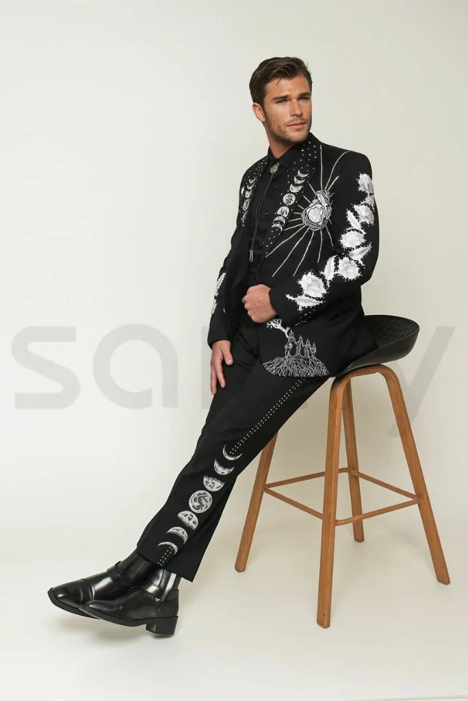 Men Celestial Root Western Suit Stylish Mother Inspired Embroidery Custom Two Piece Black Suits & Wedding Wear Suit
