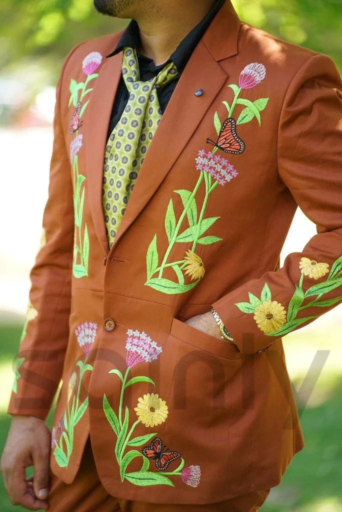 Men Floral & Butterflies Designer Embroidery Suit Stylish Rust Two Piece Suit Country Western Suit Groom Suit Wedding Cocktail Party Attire