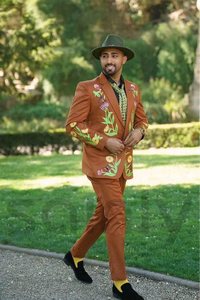 Men Floral & Butterflies Designer Embroidery Suit Stylish Rust Two Piece Suit Country Western Suit Groom Suit Wedding Cocktail Party Attire