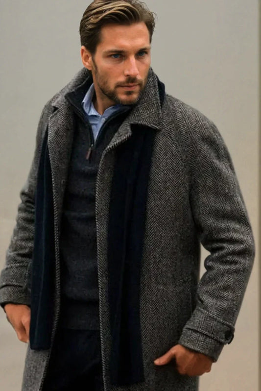 Men Grey Tweed Herringbone Overcoat Woolen Long Trench Coat Winter Wear Jacket Stylish Coat Elegant Coat Bespoke For Men