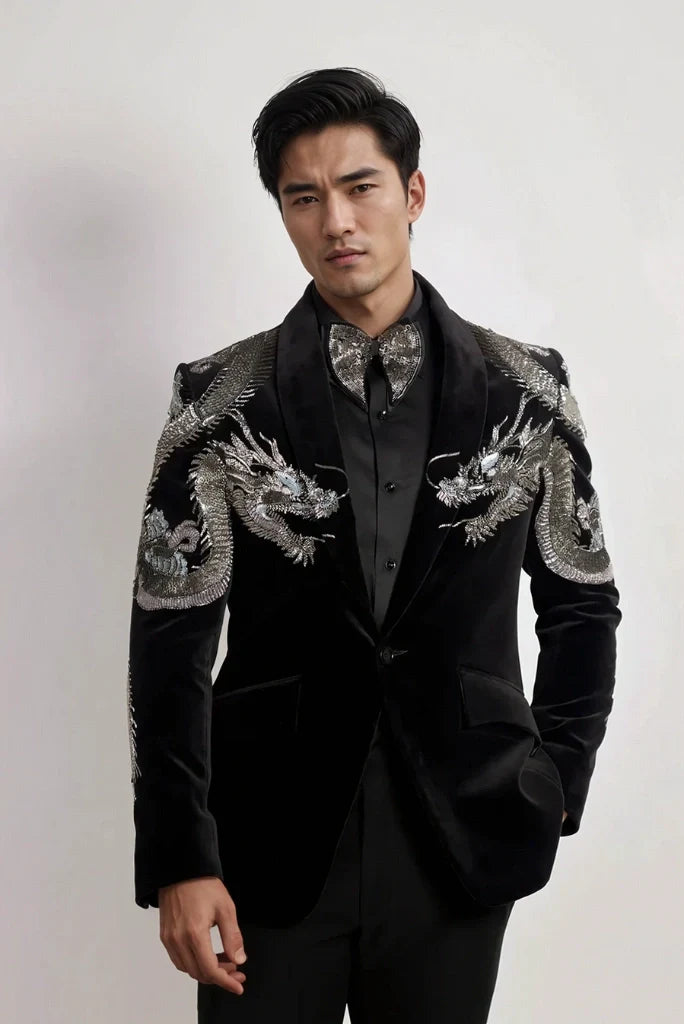 Men Black Velvet Silver Dragon Embroidery Tuxedo Two Piece Suit Designer Groom Wedding Suit & Engagement Reception Party Wear Suit