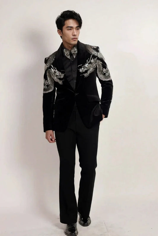 Men Black Velvet Silver Dragon Embroidery Tuxedo Two Piece Suit Designer Groom Wedding Suit & Engagement Reception Party Wear Suit