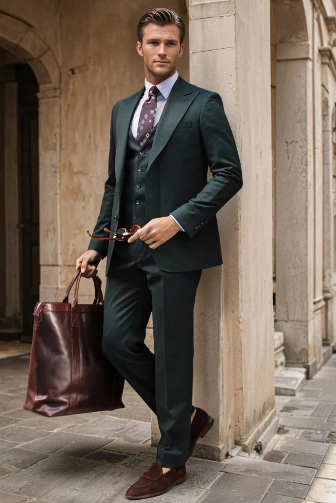 Men Dark Pine Green Three Piece Suits Formal Business Professional Slim Fit Suits