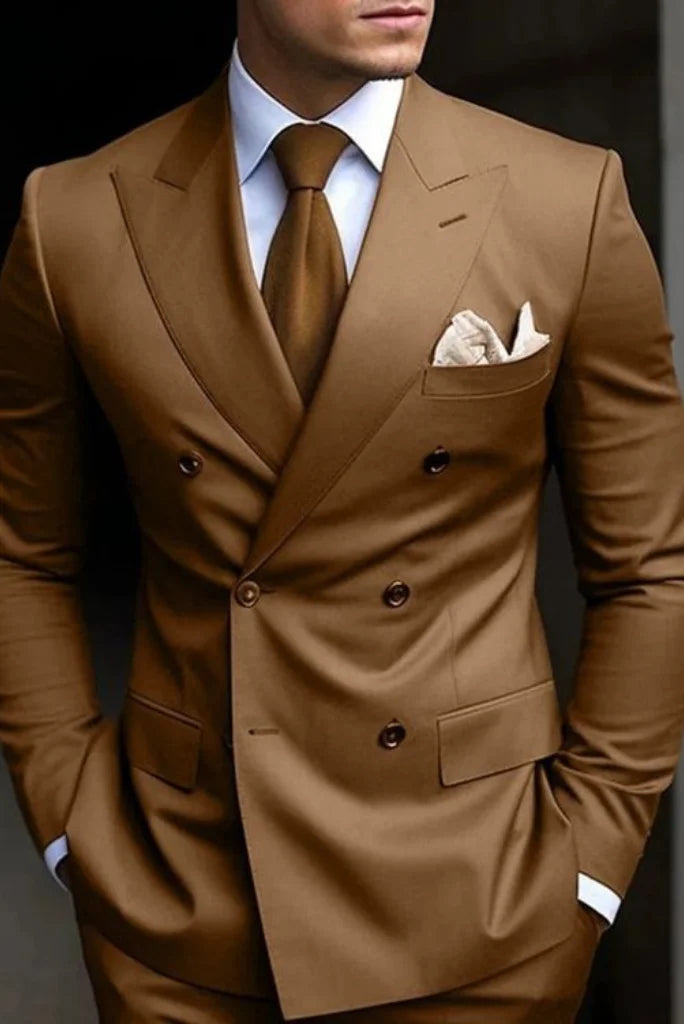 Men Double Breasted Golden Brown Wedding Formal Suit Two Piece Suit Prom Wear Gift For Him