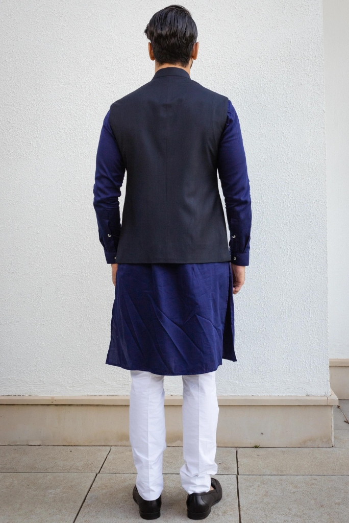 Men Navy Blue Classic Half Jacket Wedding Function Ethnic Jacket Collection At Sainly