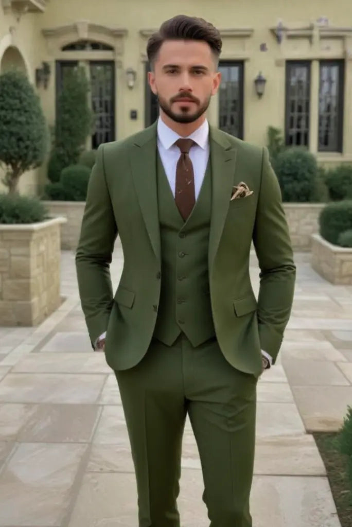 Men Olive Green Suit 3 Piece Suit Wedding Wear Formal Fashion Suit Dinner Party Wear Groomsmen Olive Green Suit For Him