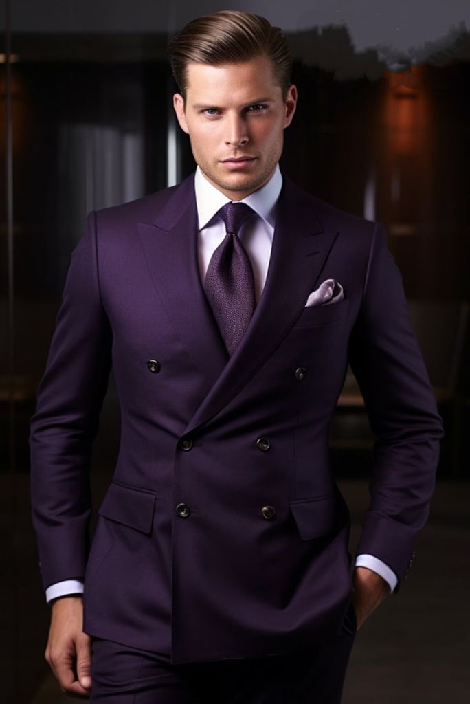 Men double breasted dark purple wedding suit