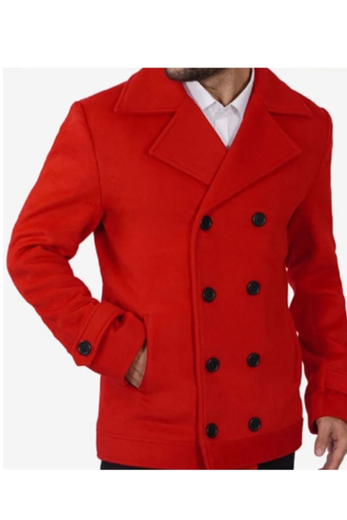 Man Red Double Breasted Coat Tweed Windbreak Jacket Casual Trench Coat For Him