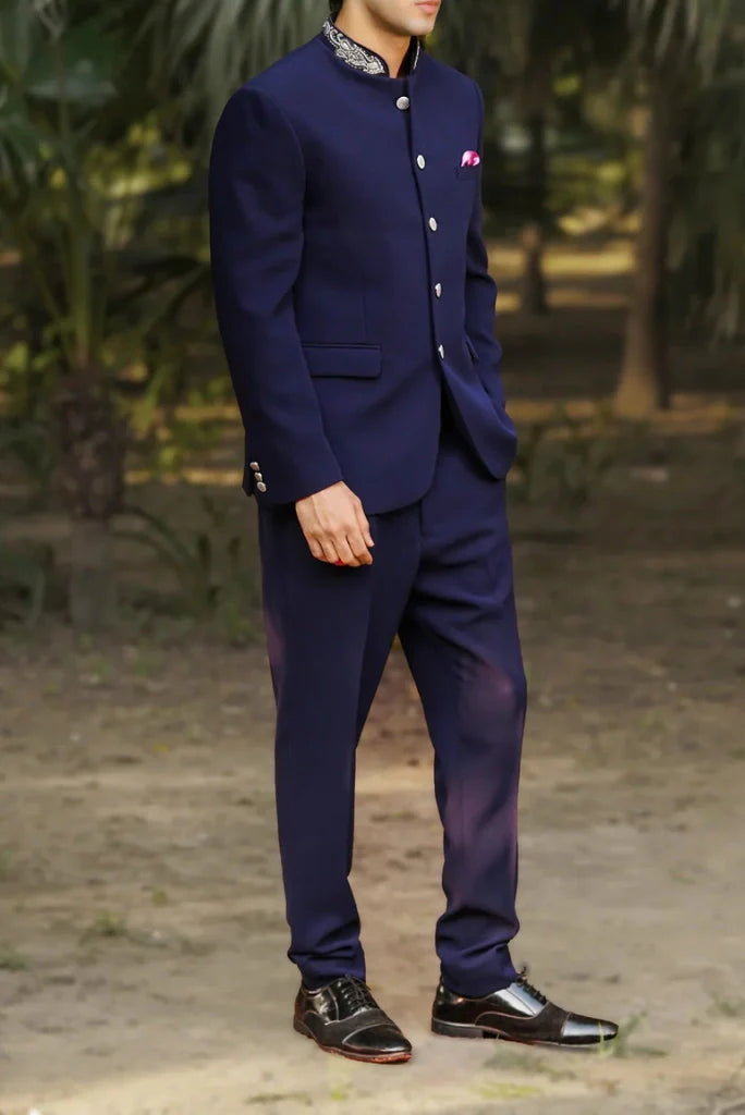 Men Navy Blue Embroidered Jodhpuri Bandhgala Suit For Special Groom Wedding Suit & Reception Sangeet Engagement Suit