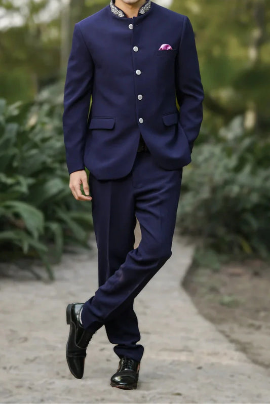 Men Navy Blue Embroidered Jodhpuri Bandhgala Suit For Special Groom Wedding Suit & Reception Sangeet Engagement Suit
