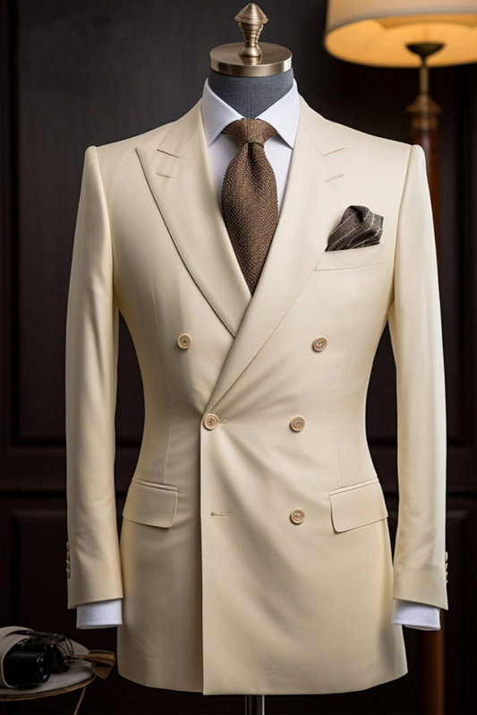 Men Cream Double Breasted Suit Two Piece Suit Slim Fit Suit Wedding Formal Wear Groomsmen Bespoke Suit Gift For him