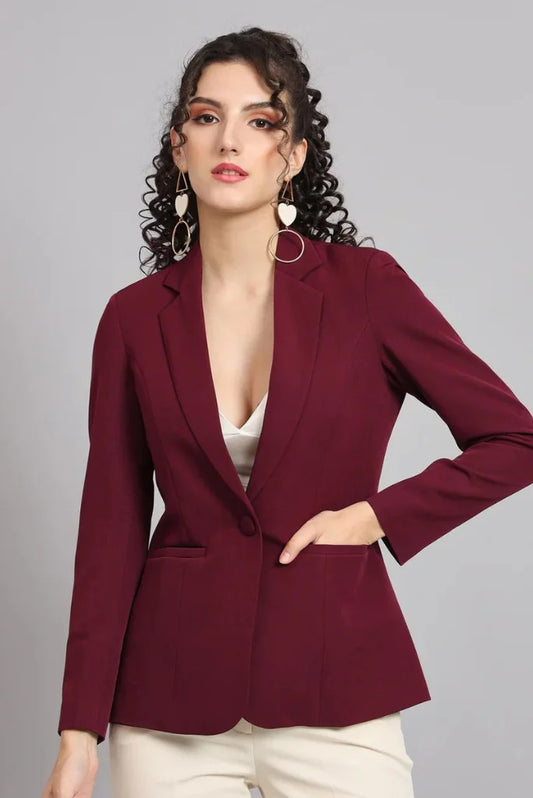 Women Maroon Single Breasted Notched Lapel Blazer, Casual Long Sleeve Blazer for Her