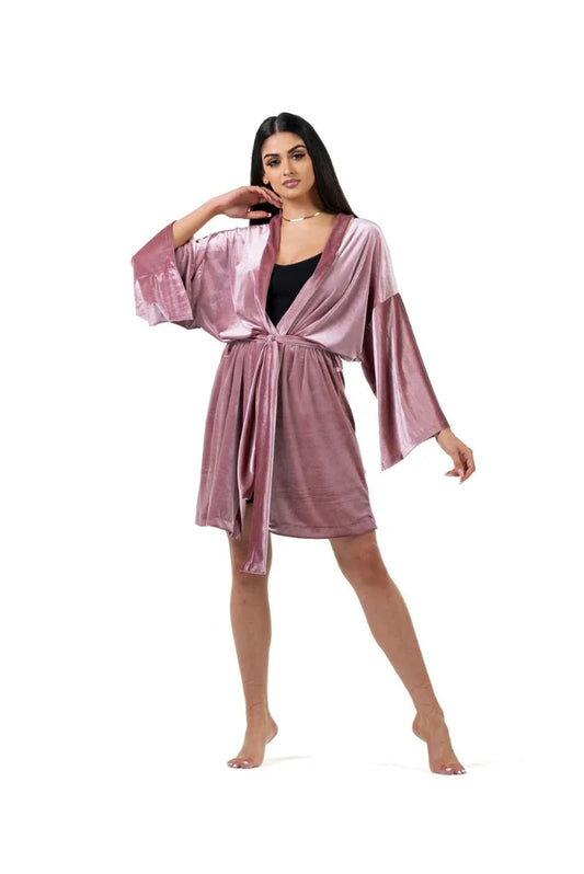 Women Rose Pink Velvet Kimono, Night Wear Kimono for Her
