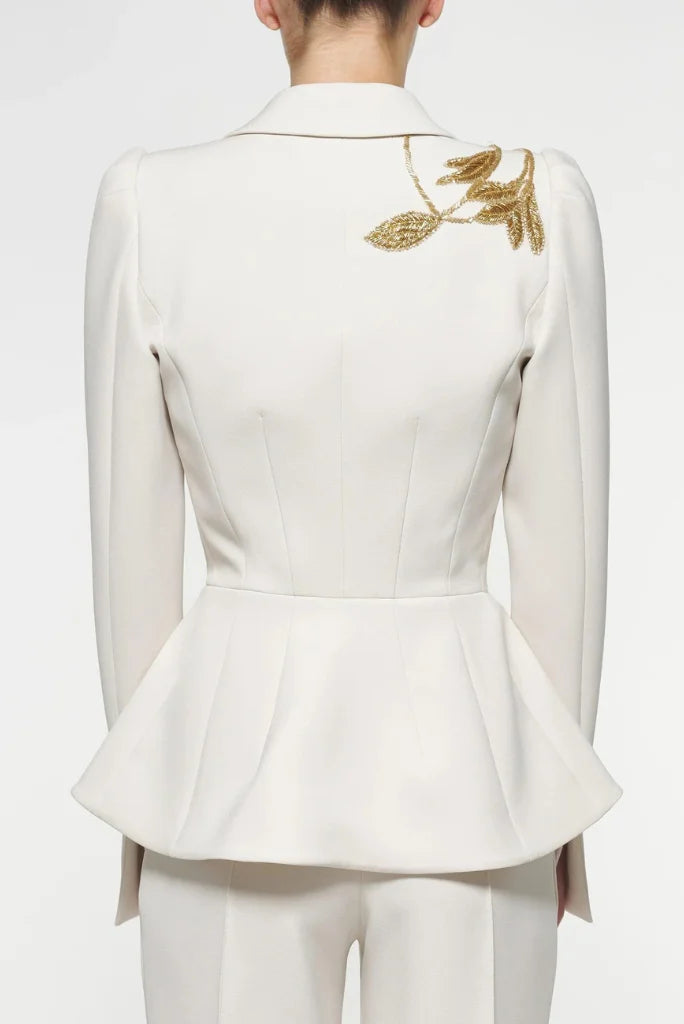 Designer White Embroidery Blazer Suit For Women, Peplum Styled blazer and Fit Flare Pant for Christmas and Bridesmaid