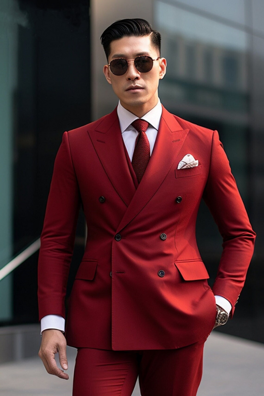 Men Red Double Breasted Suit Slim Fit Suit Groom Slim Fit Suit Elegant Red Suit Wedding Suit Bespoke Tailoring