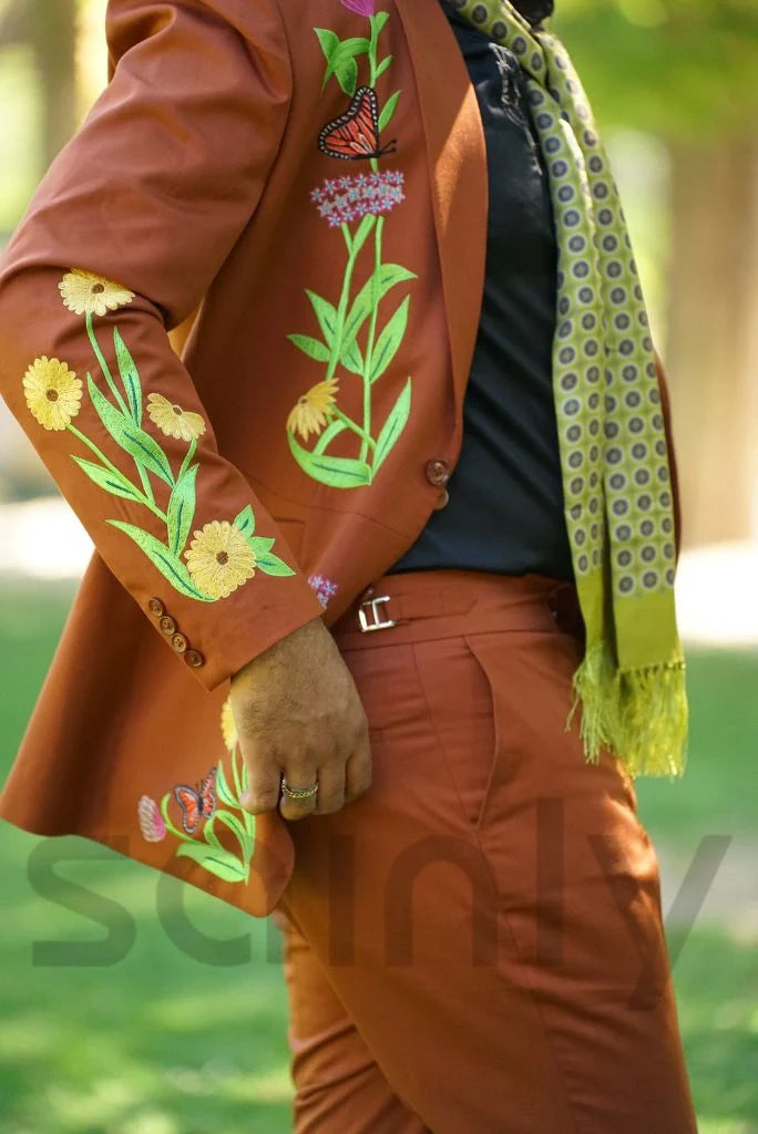 Men Floral & Butterflies Designer Embroidery Suit Stylish Rust Two Piece Suit Country Western Suit Groom Suit Wedding Cocktail Party Attire