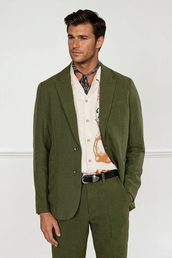 Men Olive Green Linen Suit Two Piece Suit Beach Wedding Event Linen Suits
