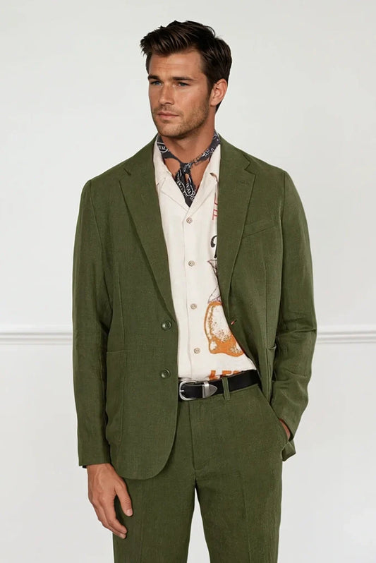Men Olive Green Linen Suit Two Piece Suit Beach Wedding Event Linen Suits