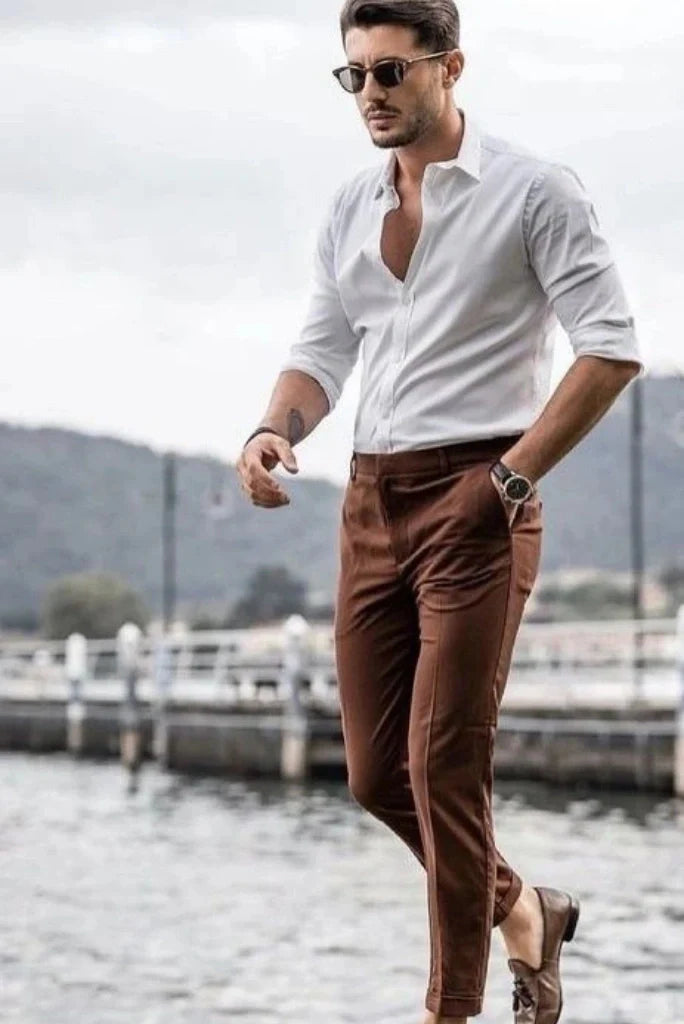 Men Elegant White Shirt & Brown Pant For Office Wear Men's Formal Shirt & Pants For Wedding