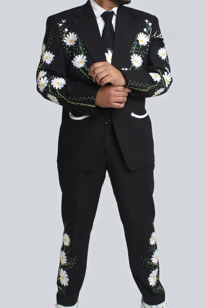 Black Embroidered Two Piece Suit Wedding Flower Designer Suit Groomsmen Gift Elegant Prom