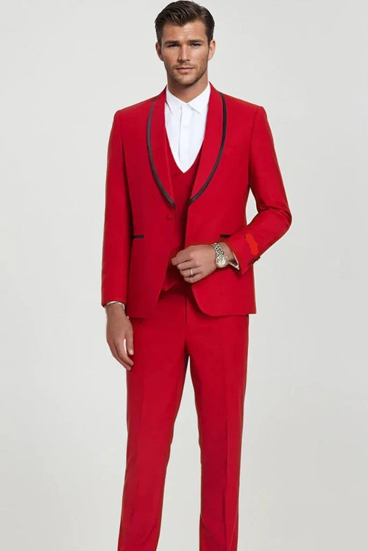 Men Red Three Piece Suit Wedding Elegant Bespoke Suit