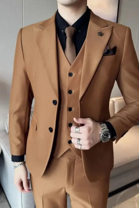 Men Formal Three Piece Suit Wedding Golden Brown Classic Sainly Suit Groomsmen For Him
