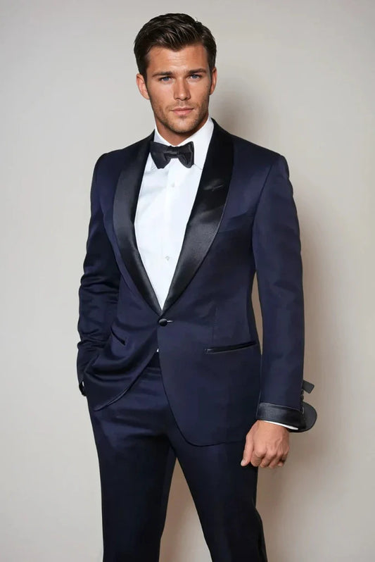 Men Navy Blue Suit Black Lapel Tuxedo Suit Stylish Wedding Coat Pant Formal Wear