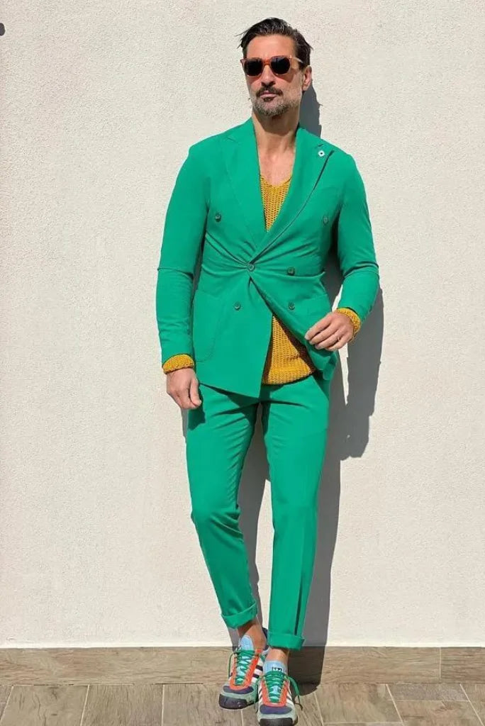 Men Double Breasted Kelly Green Two Piece Suit Formal Bespoke Wedding Wear For Him