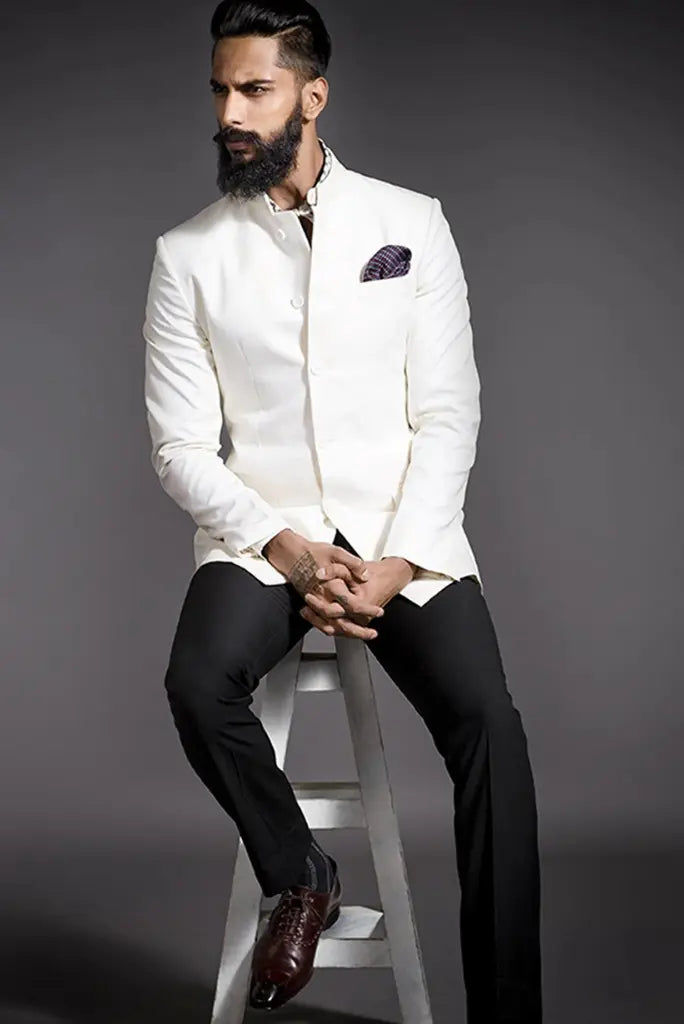 Bespoke Classic White Jodhpuri Bandhgala Suit for Men Best Buy for Formal Events Parties Weddings Suit Black Pant For Him