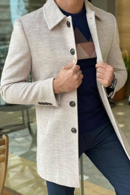 Men Over Long Coat Beige Vintage Casual Woolen Jacket Stylish Coat Overcoat Business Party Wear