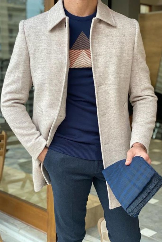 Men Over Long Coat Beige Vintage Casual Woolen Jacket Stylish Coat Overcoat Business Party Wear