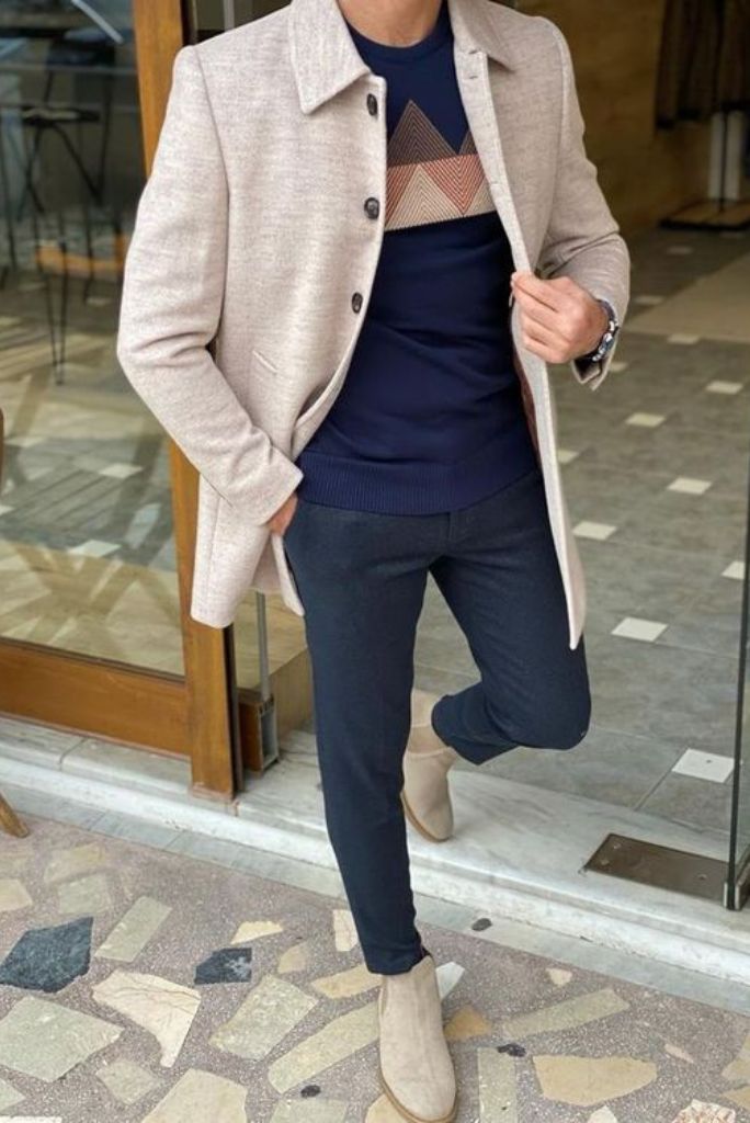 Men Over Long Coat Beige Vintage Casual Woolen Jacket Stylish Coat Overcoat Business Party Wear