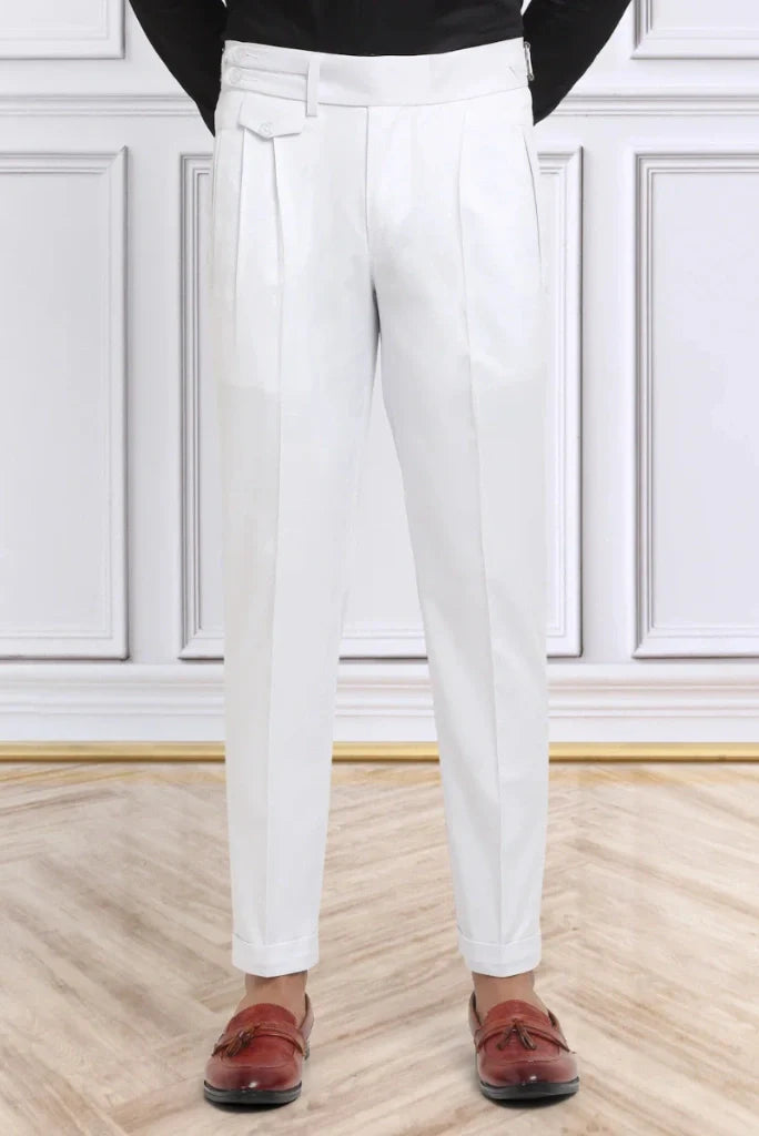 Men Gurkha White Pants High Waist Regular Fit Double Stripe 2 Button Closure Double Pleat Bottom Cuff Designer Formal Trouser