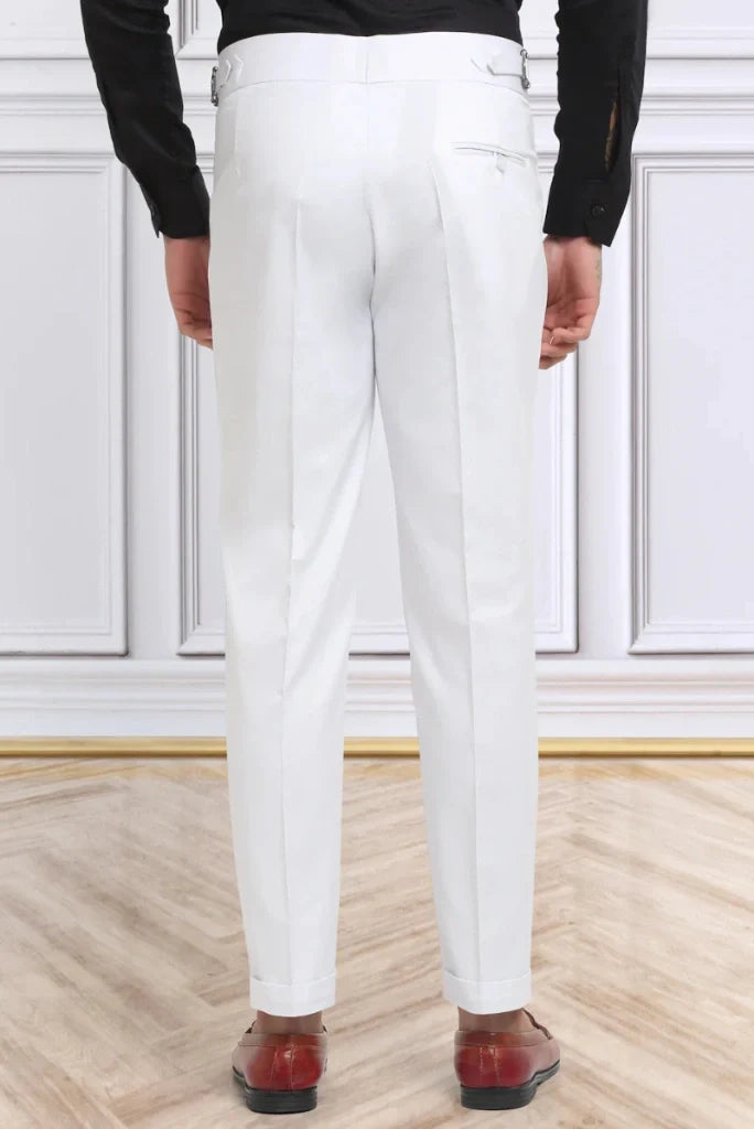 Men Gurkha White Pants High Waist Regular Fit Double Stripe 2 Button Closure Double Pleat Bottom Cuff Designer Formal Trouser