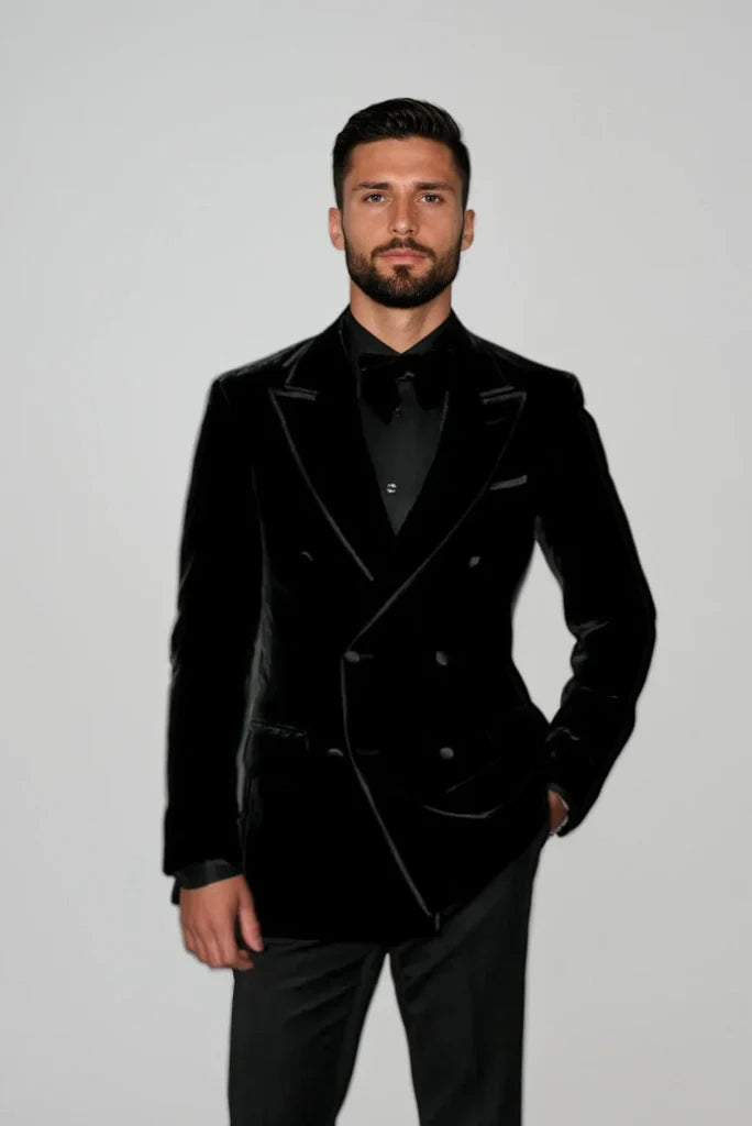 Men Black Velvet Double Breasted Coat Dinner Party Wear Blazer Casual Outfit Jacket Christmas Gift For Him
