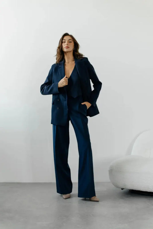 Women Navy Blue Double Breasted 3 Piece Suit For Office and Meetings, Classic Formal Outfit for Her