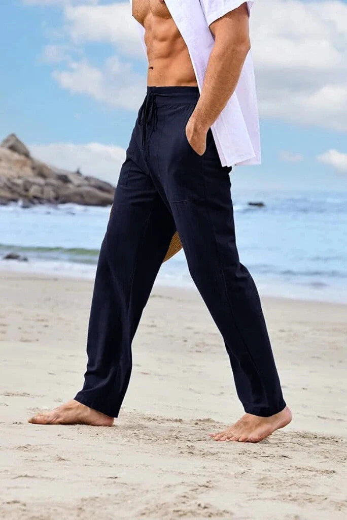 Men Navy Blue Cotton Trouser Casual Lightweight Elastic Waist Trouser Summer Beach Long Trouser For Men's
